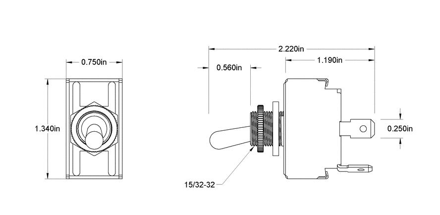 Toggle Switch 2 Position, Round, Maintained, 4 Terminal, DPST-NO, 15A