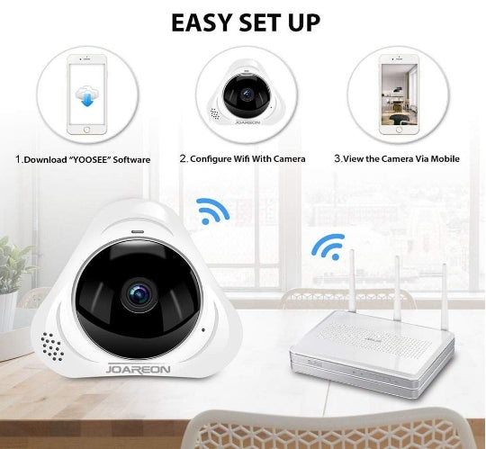 Joareon 360° Panoramic Wireless IP Camera Audio Video WiFi 1.3 Megapixel HD Fish-Eye Lens Wide Angle Night Vision VR Camera CCTV Home Surveillance Cameras VR 3D WiFi Camera Micro SD Yoosee APP