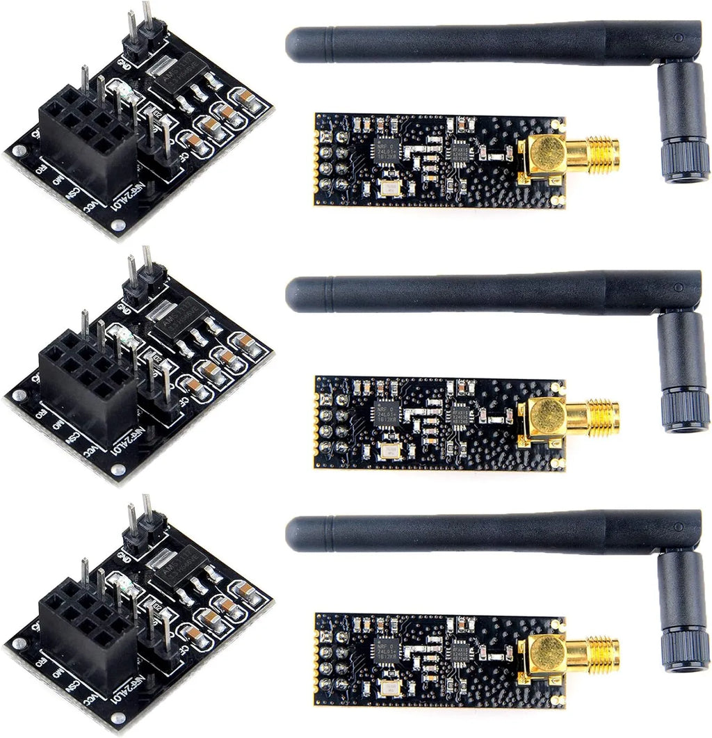 NRF24L01+PA+LNA Wireless Transceiver RF Transceiver Module 2.4G 1100m with Antenna and 3pcs NRF24L01+ Breakout Adapter with 3.3V Regulator on-Board for Ar duino