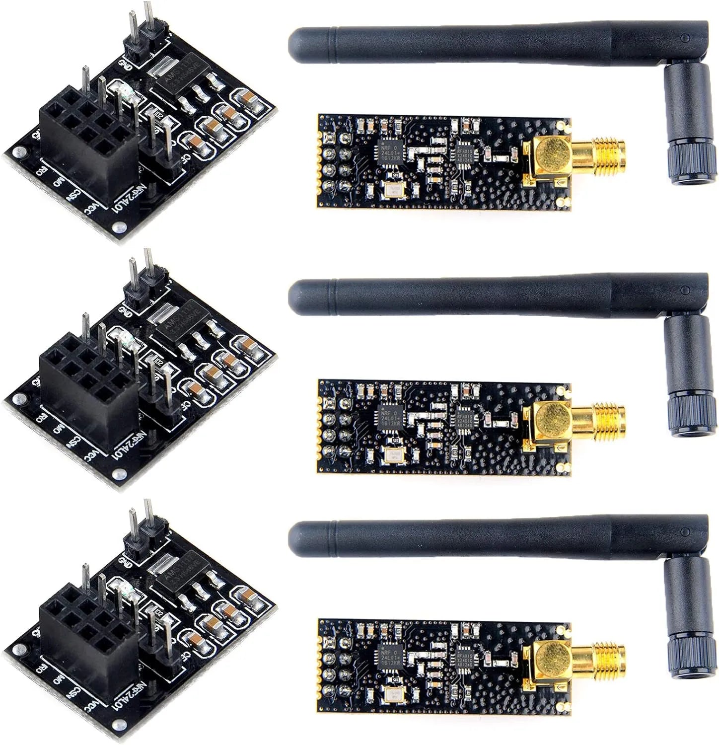 NRF24L01+PA+LNA Wireless Transceiver RF Transceiver Module 2.4G 1100m with Antenna and 3pcs NRF24L01+ Breakout Adapter with 3.3V Regulator on-Board for Ar duino